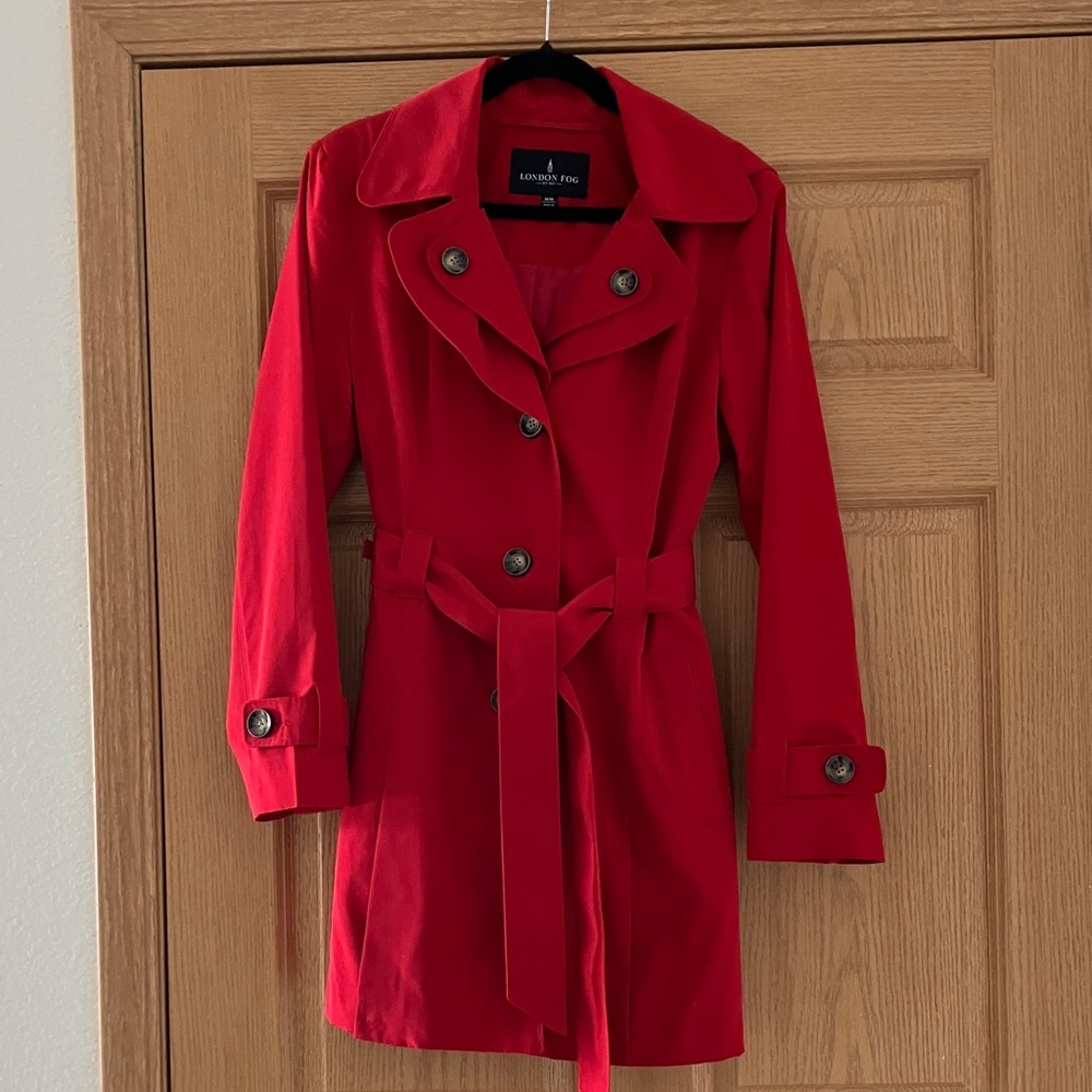 London Fog Bright Red Trench Coat with Belt - Picture 5 of 6